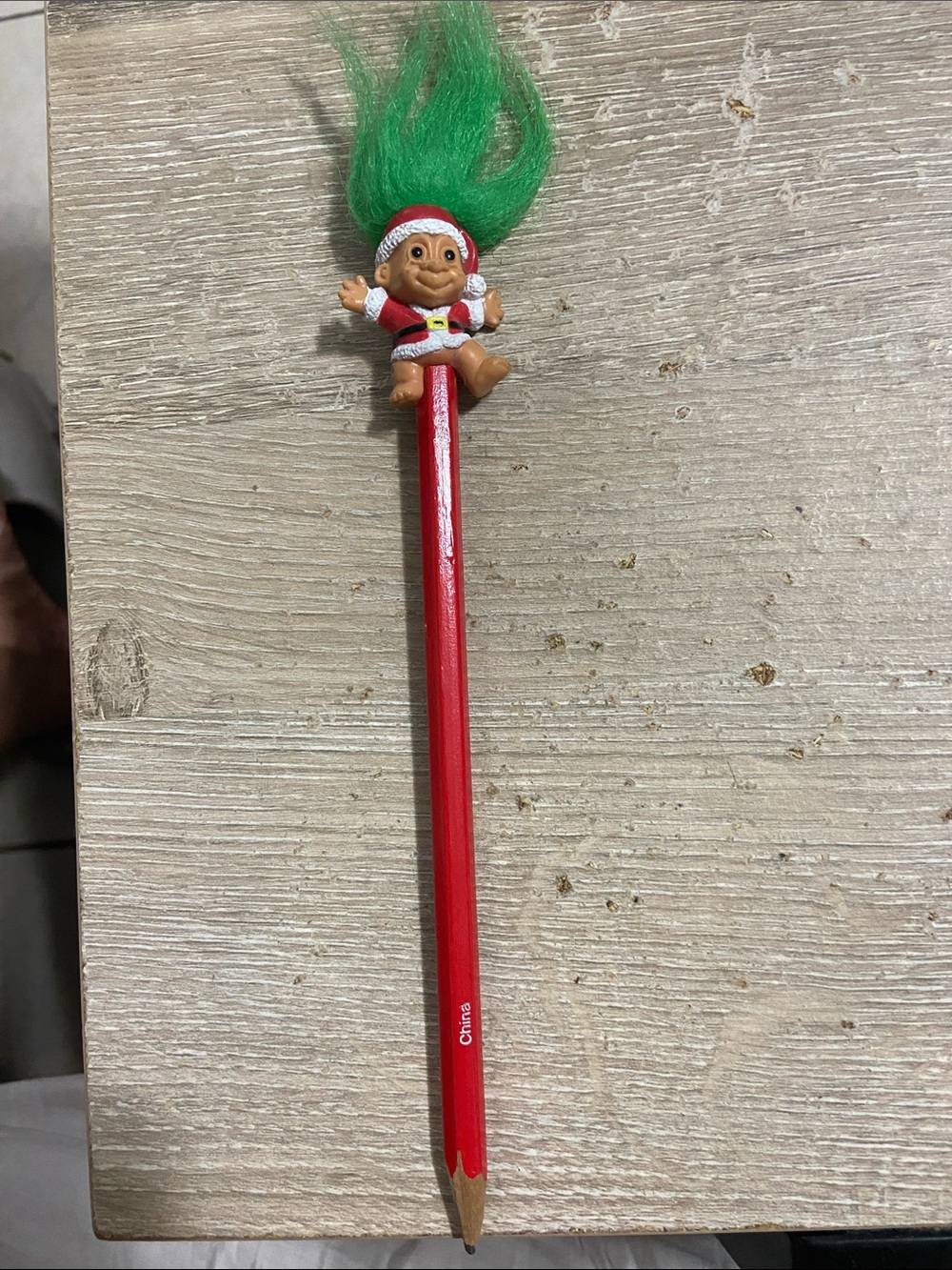 Vintage Christmas Troll Topper Red Pencil with Green Hair